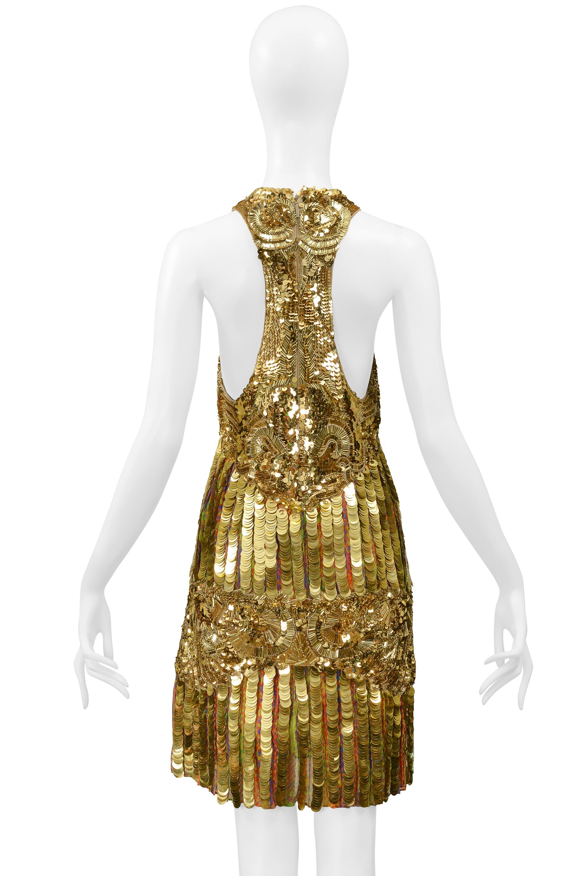 Roberto Cavalli Mini Vestido Flapper de Lentejuelas Doradas, Pailette y Cuentas en venta 5