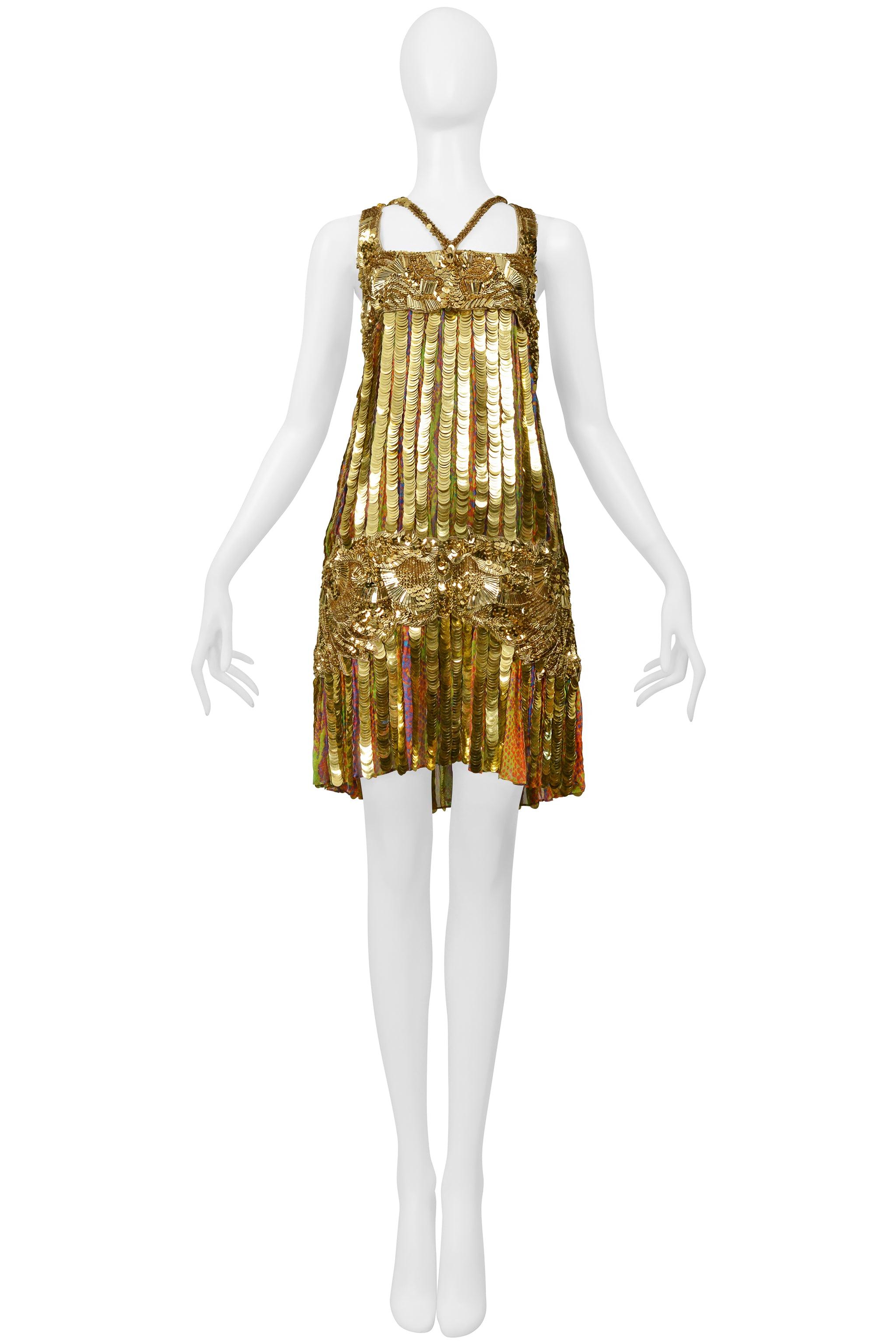 Roberto Cavalli Mini Vestido Flapper de Lentejuelas Doradas, Pailette y Cuentas Oro en venta