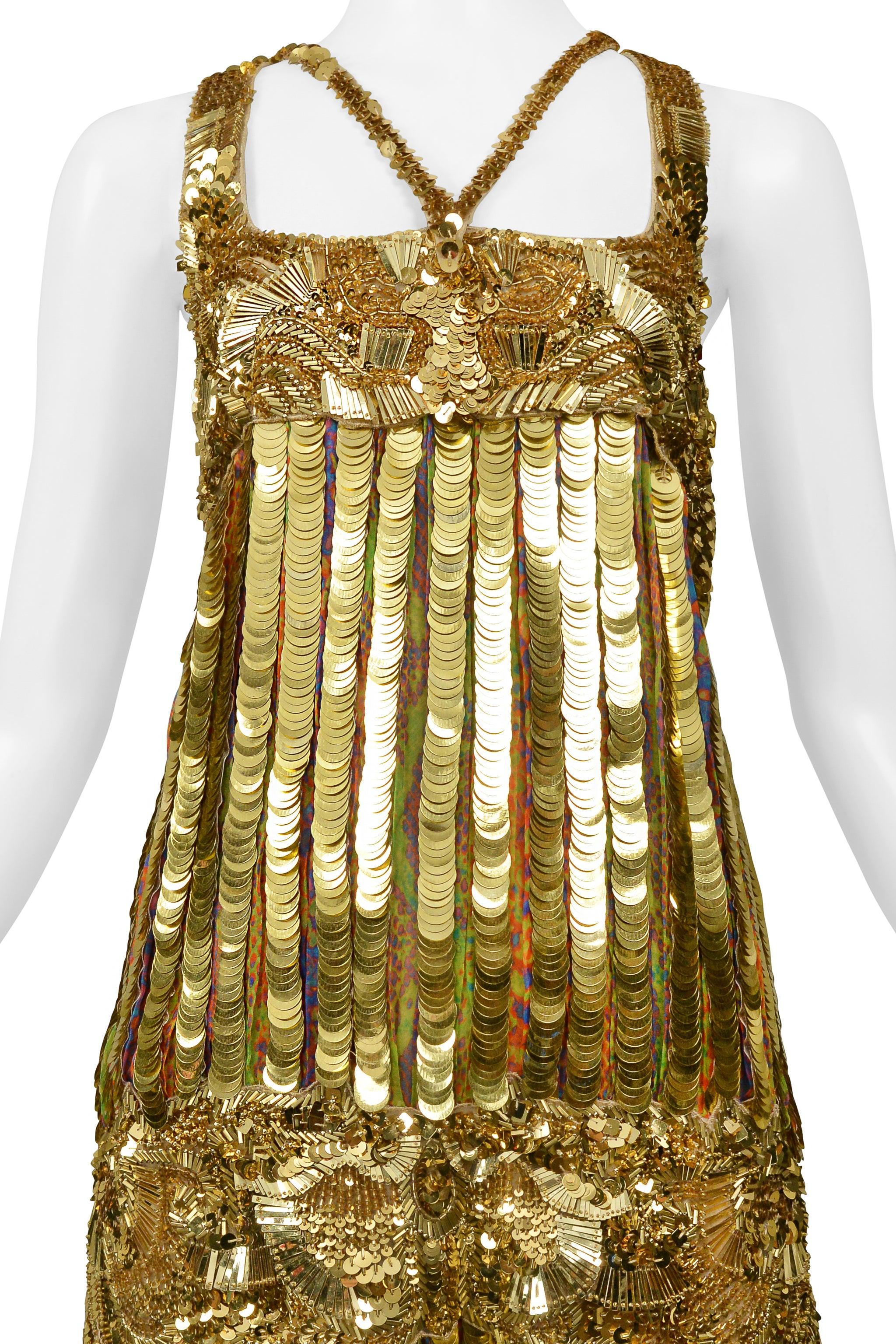 Roberto Cavalli Mini Vestido Flapper de Lentejuelas Doradas, Pailette y Cuentas en Bueno estado para la venta en Los Angeles, CA