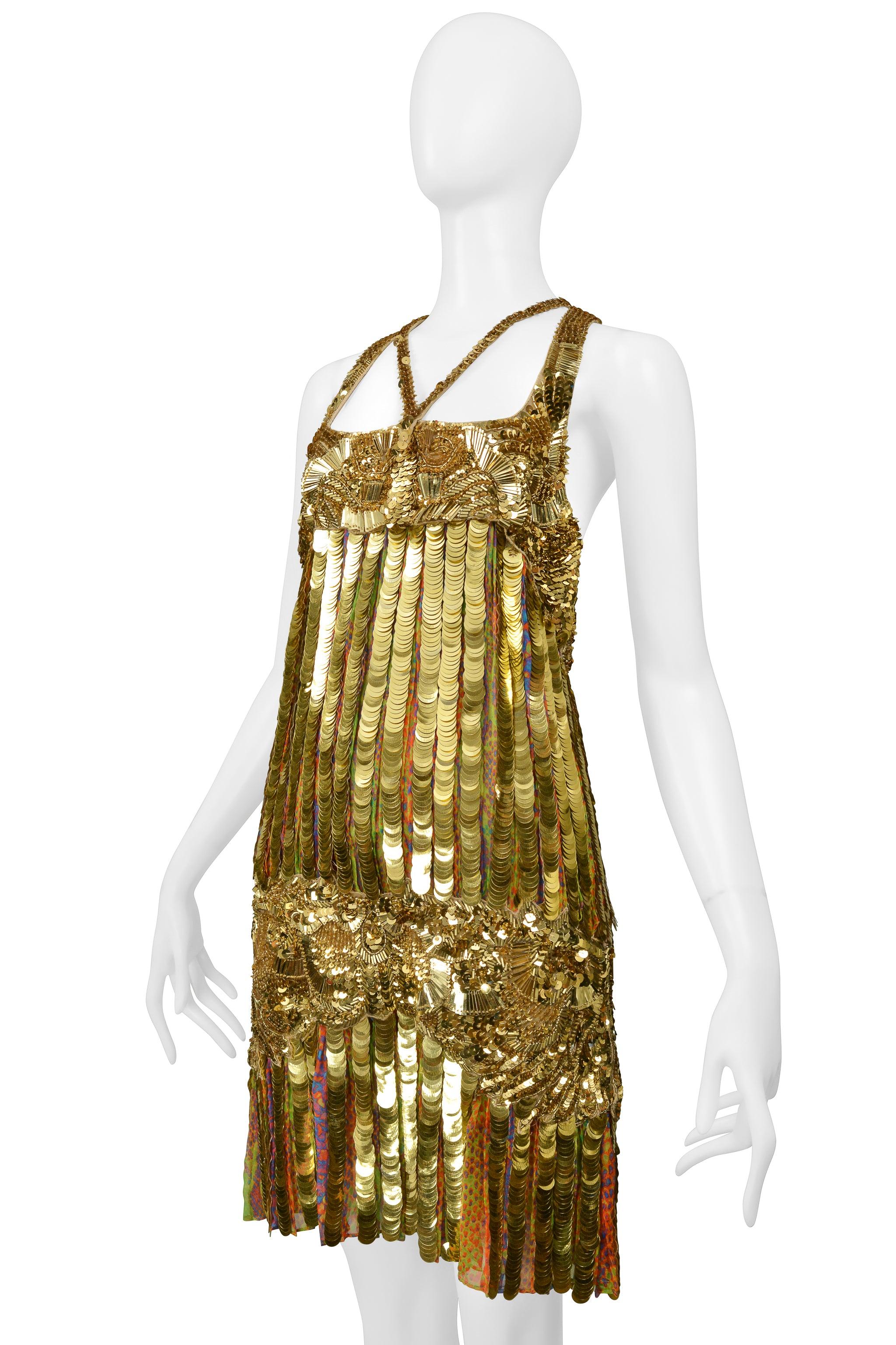 Roberto Cavalli Mini Vestido Flapper de Lentejuelas Doradas, Pailette y Cuentas en venta 1
