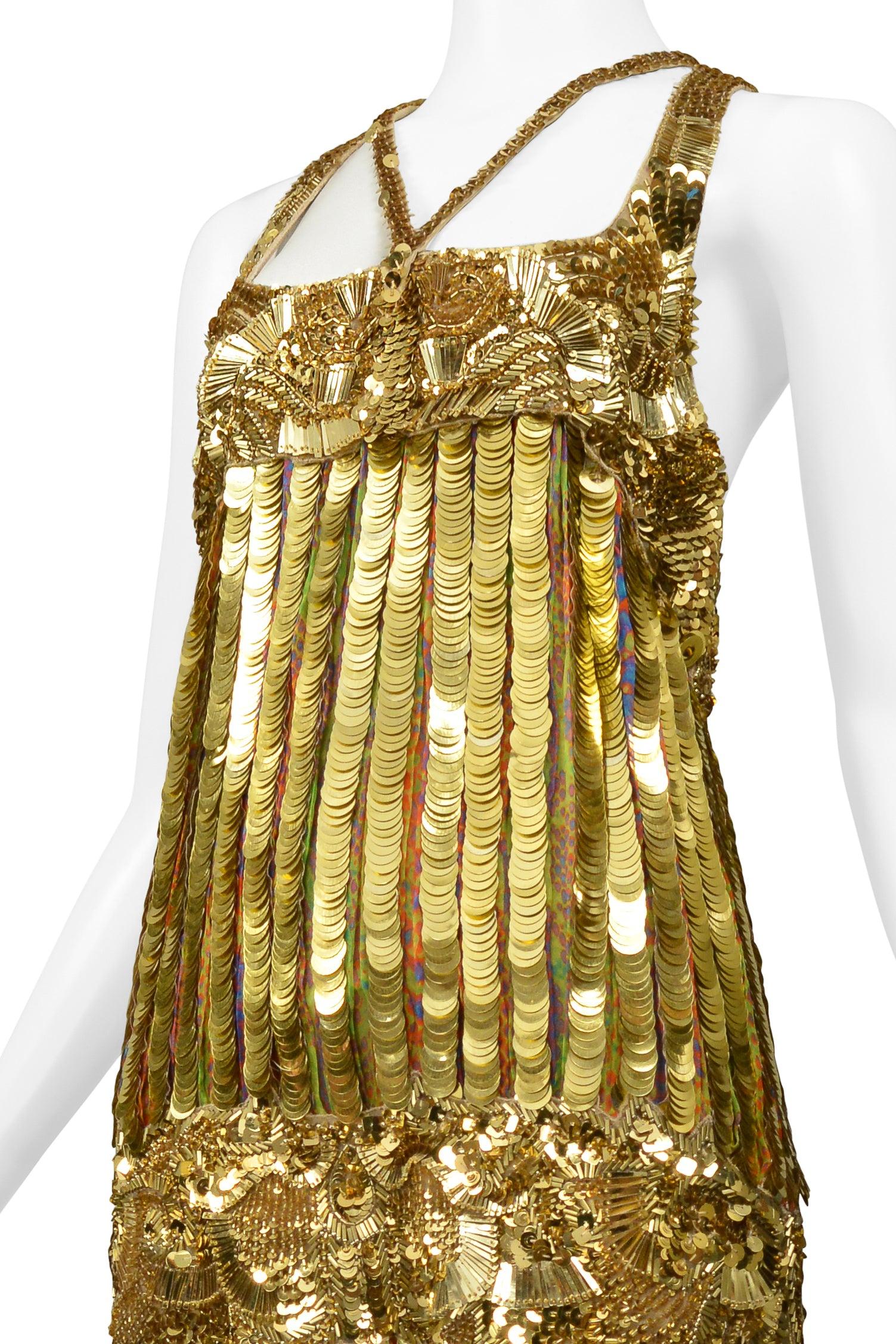 Roberto Cavalli Mini Vestido Flapper de Lentejuelas Doradas, Pailette y Cuentas en venta 3