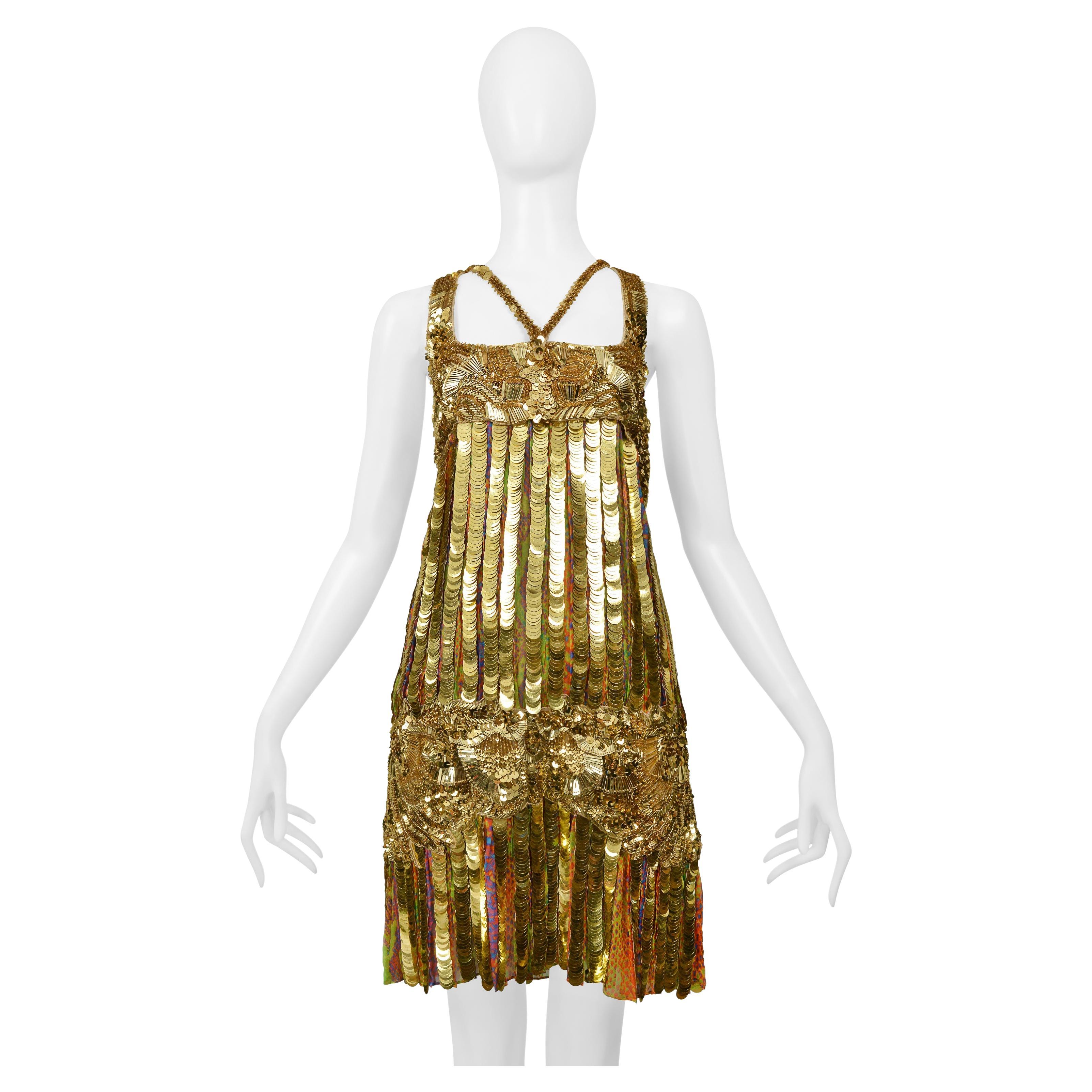 Roberto Cavalli Mini Vestido Flapper de Lentejuelas Doradas, Pailette y Cuentas en venta