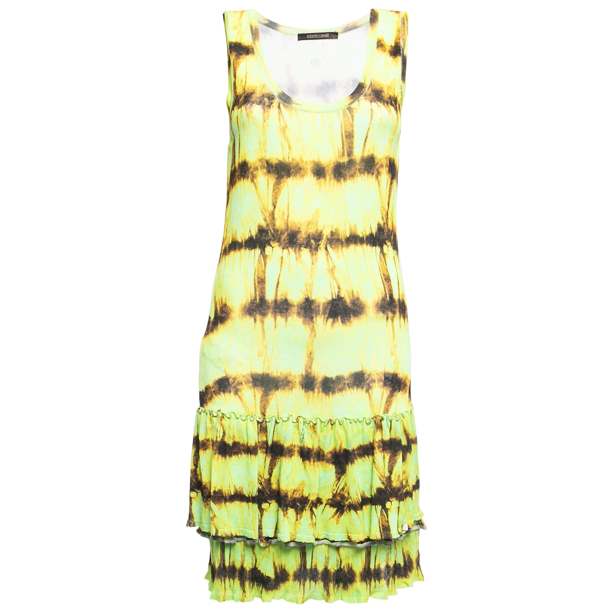 Roberto Cavalli Green Abstract Print Jersey Frilled Sleeveless Short Dress S