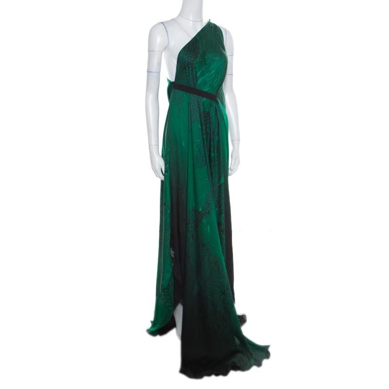 Roberto Cavalli Green and Black Ombre Feather Printed Silk Draped Maxi Dress L In New Condition In Dubai, Al Qouz 2