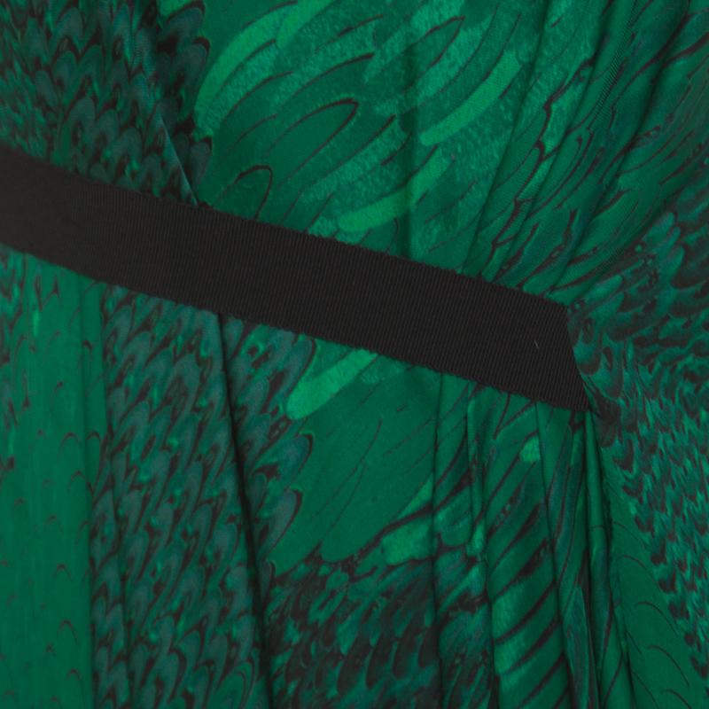 Women's Roberto Cavalli Green and Black Ombre Feather Printed Silk Draped Maxi Dress L