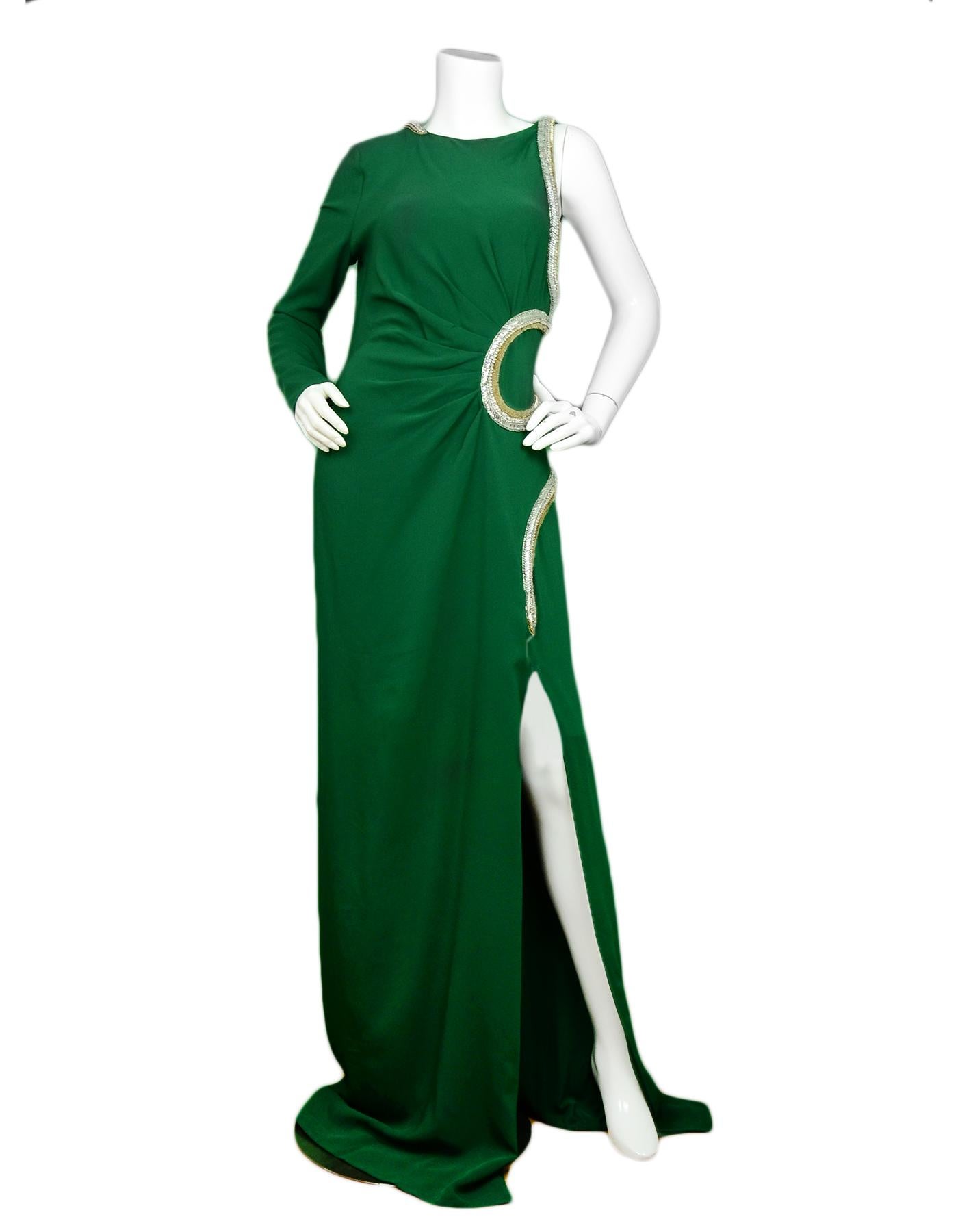 Roberto Cavalli Green Asymmetric Gown w/ Embellished Snake Detail sz 10

Made In: Italy
Color: Green
Materials: Silk, cotton
Lining: Silk, cotton
Opening/Closure: Back zipper
Overall Condition: Excellent pre-owned condition, with the exception of a