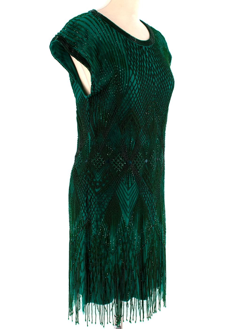 Roberto Cavalli Green Beaded Mini Dress 

-Sleeveless classic cut 
-luxurious soft silk lining
-Amazing intricate beading
-Branded zip fastening to the back  
-Fringe effect to the hem 
-Perfect for an extra glamorous day or super fun