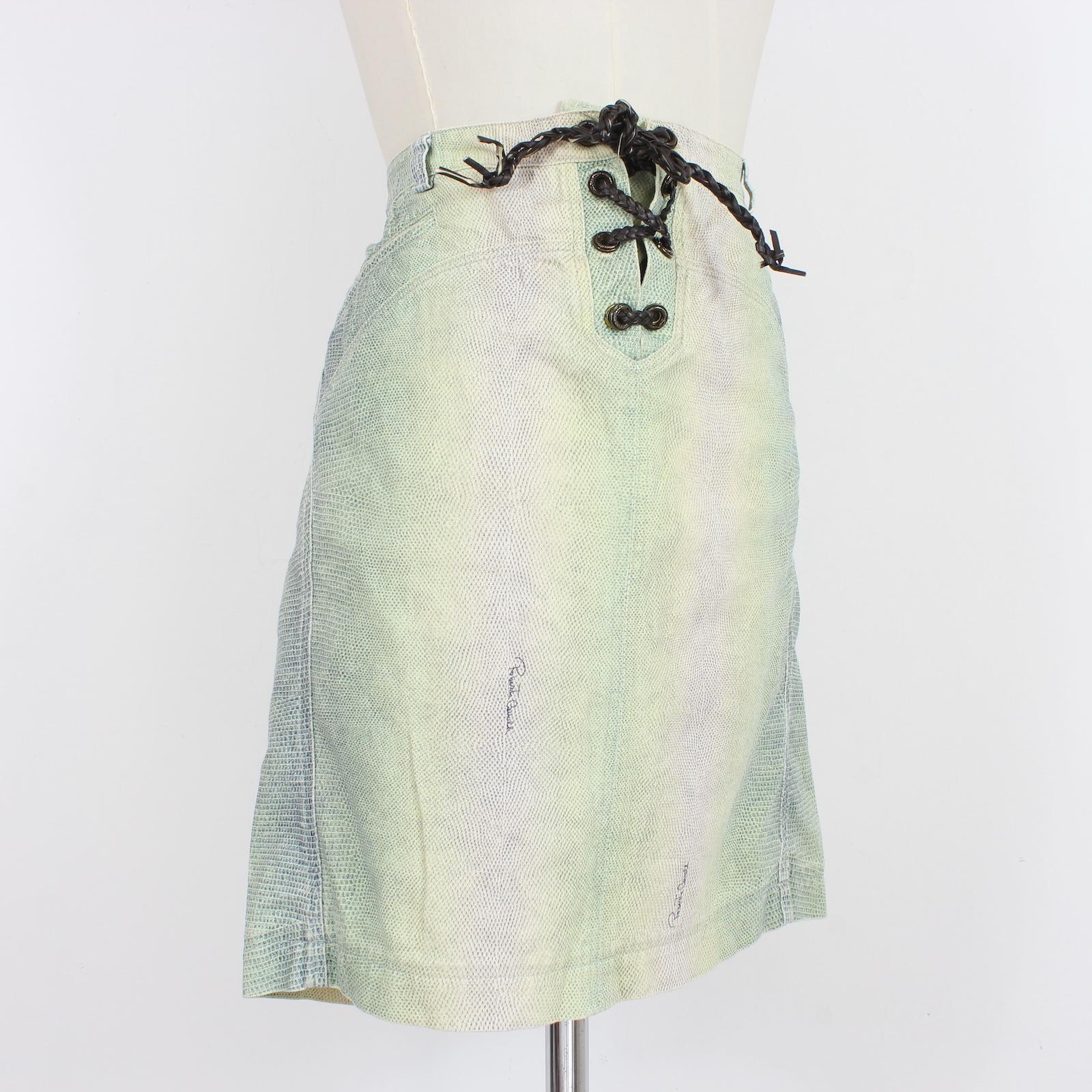 Women's Roberto Cavalli Green Beige Cotton Animalier Skirt 2000s For Sale