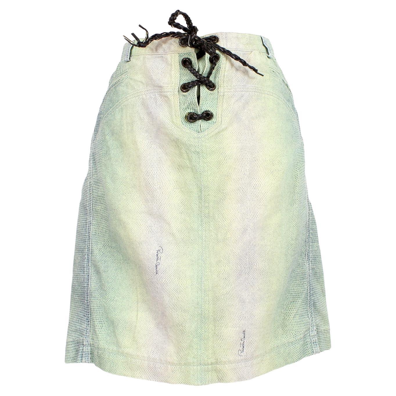 Roberto Cavalli Green Beige Cotton Animalier Skirt 2000s For Sale