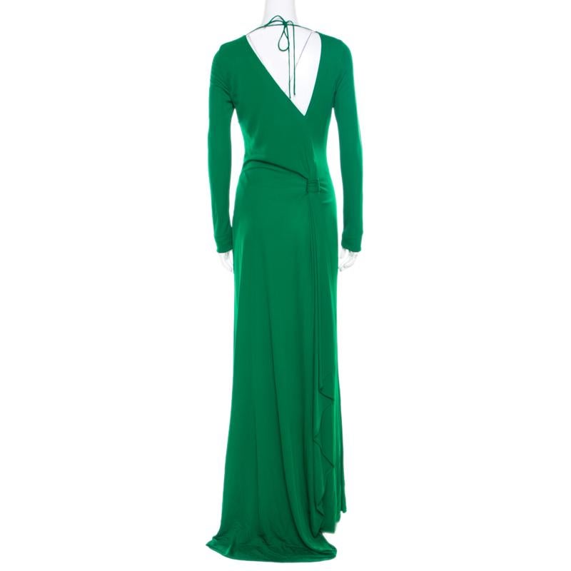 Roberto Cavalli Green Crepe Knit Plunge Back Draped Evening Gown M In Good Condition In Dubai, Al Qouz 2