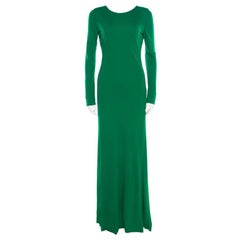 Roberto Cavalli Green Crepe Knit Plunge Back Draped Evening Gown M