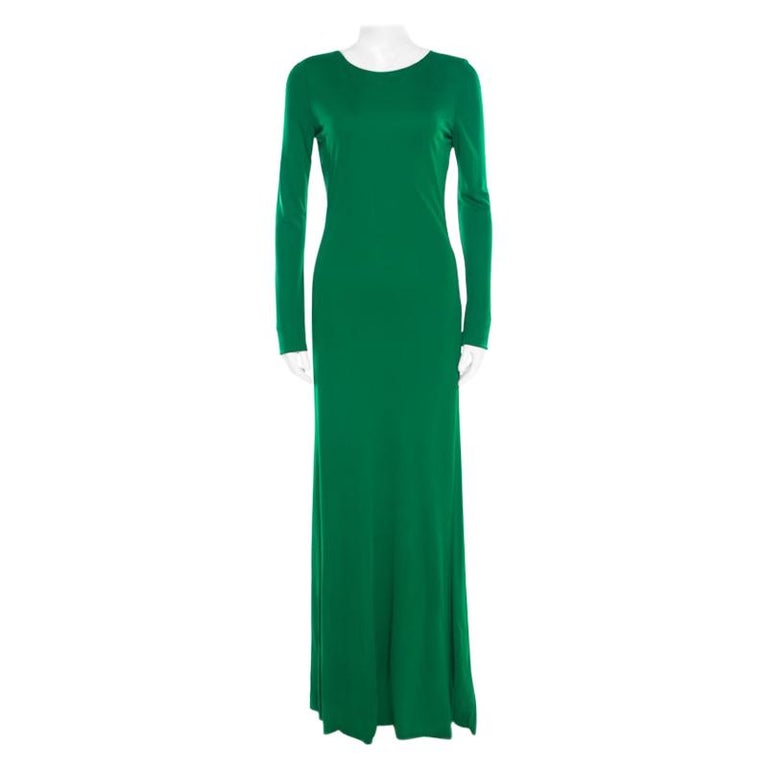 Roberto Cavalli Green Crepe Knit Plunge Back Draped Evening Gown M at ...