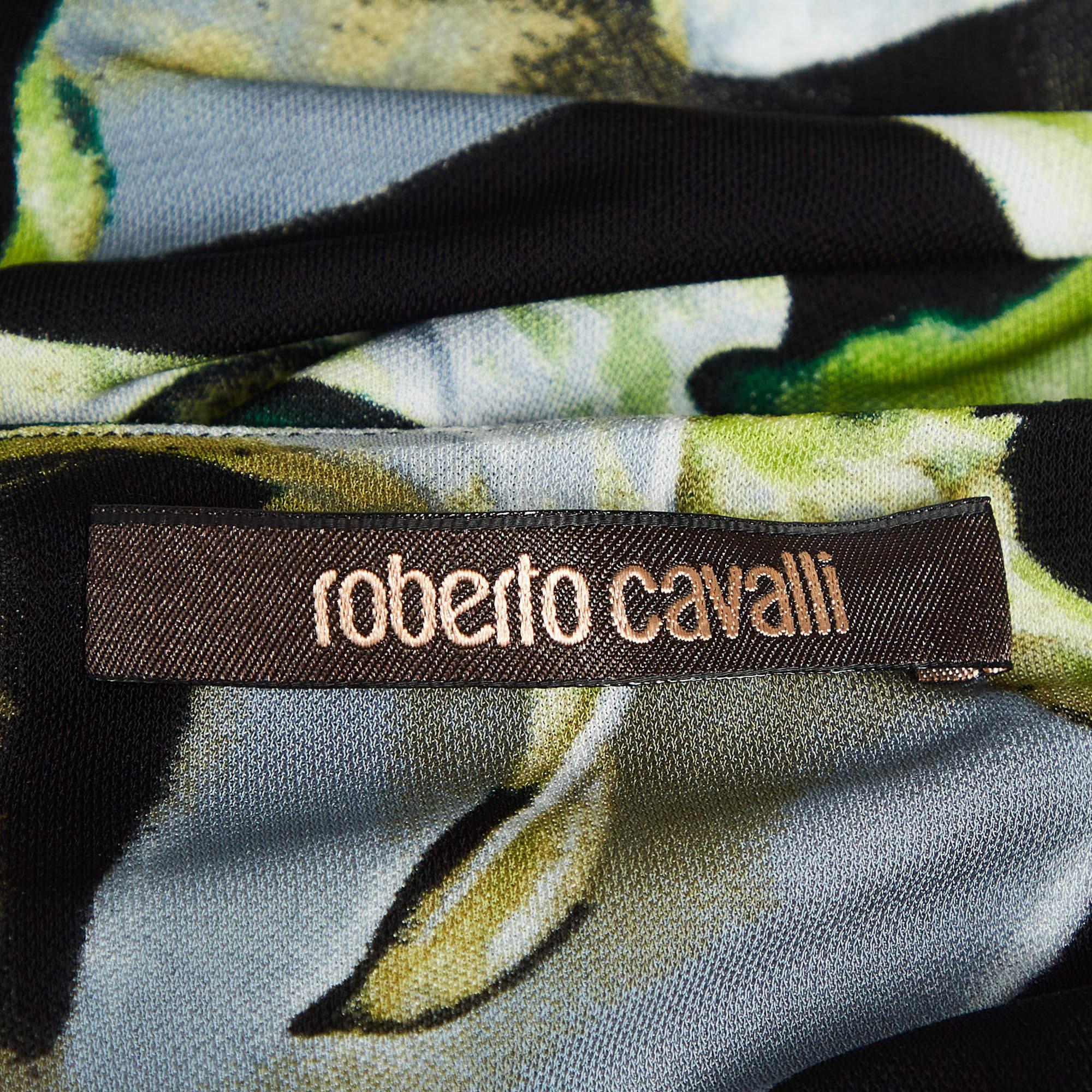 Women's Roberto Cavalli Green Floral Print Jersey Brooch Detail Top M For Sale