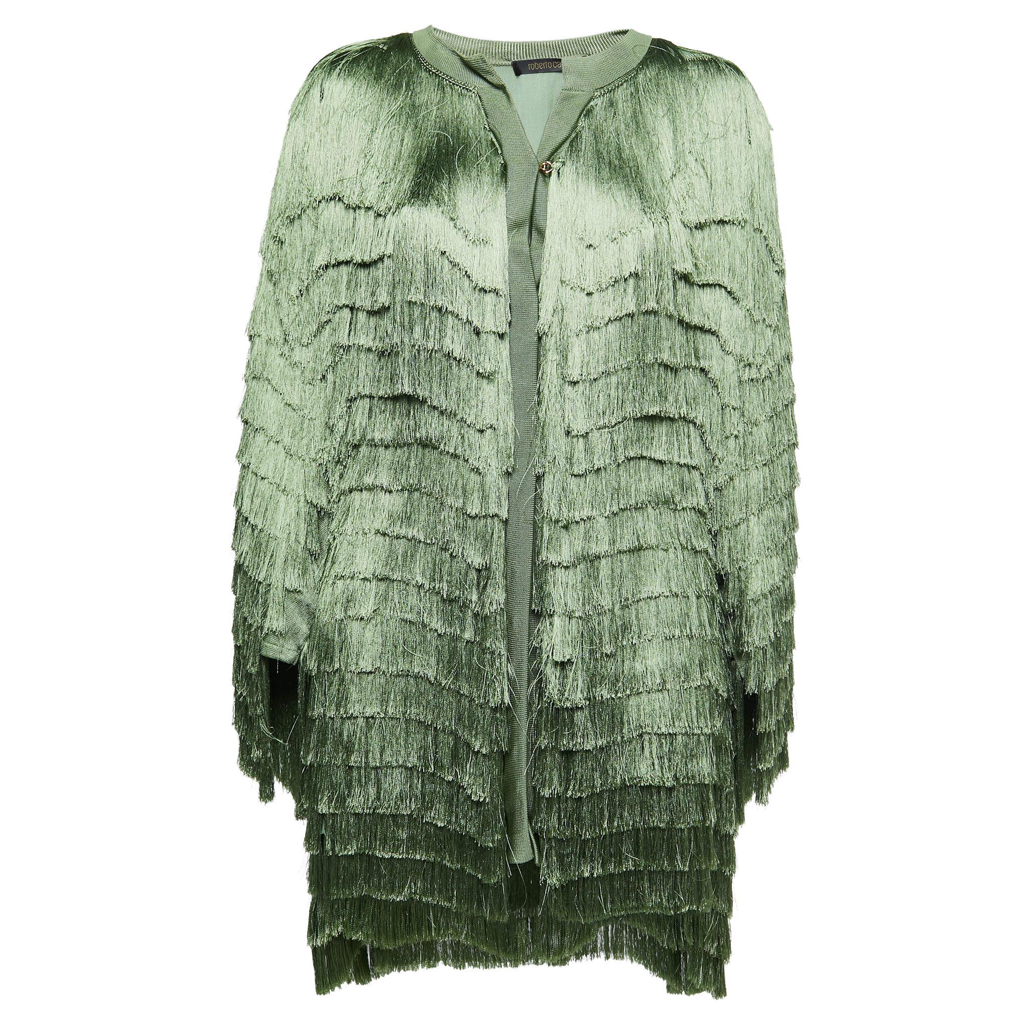 Roberto Cavalli Green Fringed Silk Jacket M For Sale