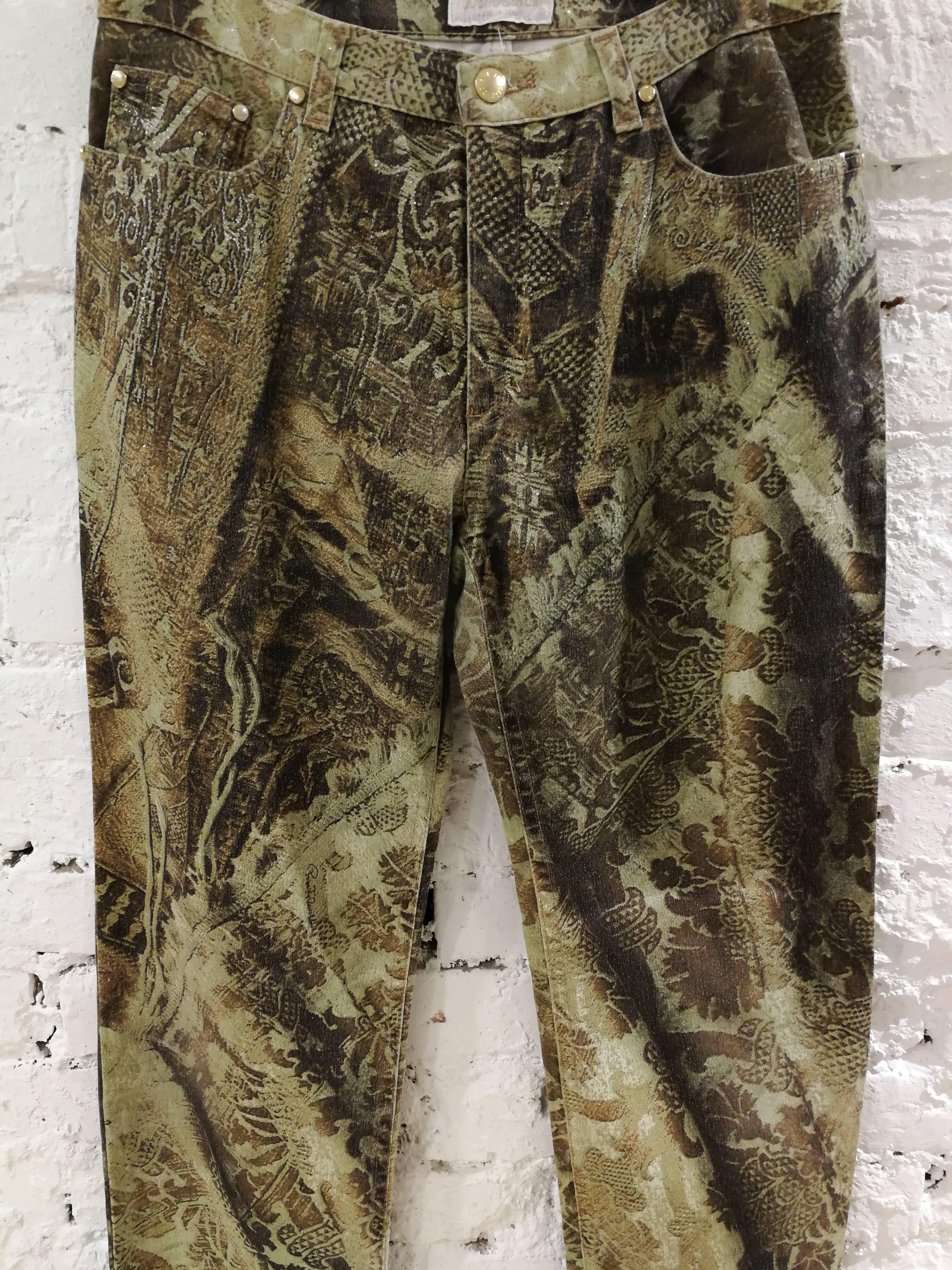 Black Roberto Cavalli Green Gold Trousers For Sale