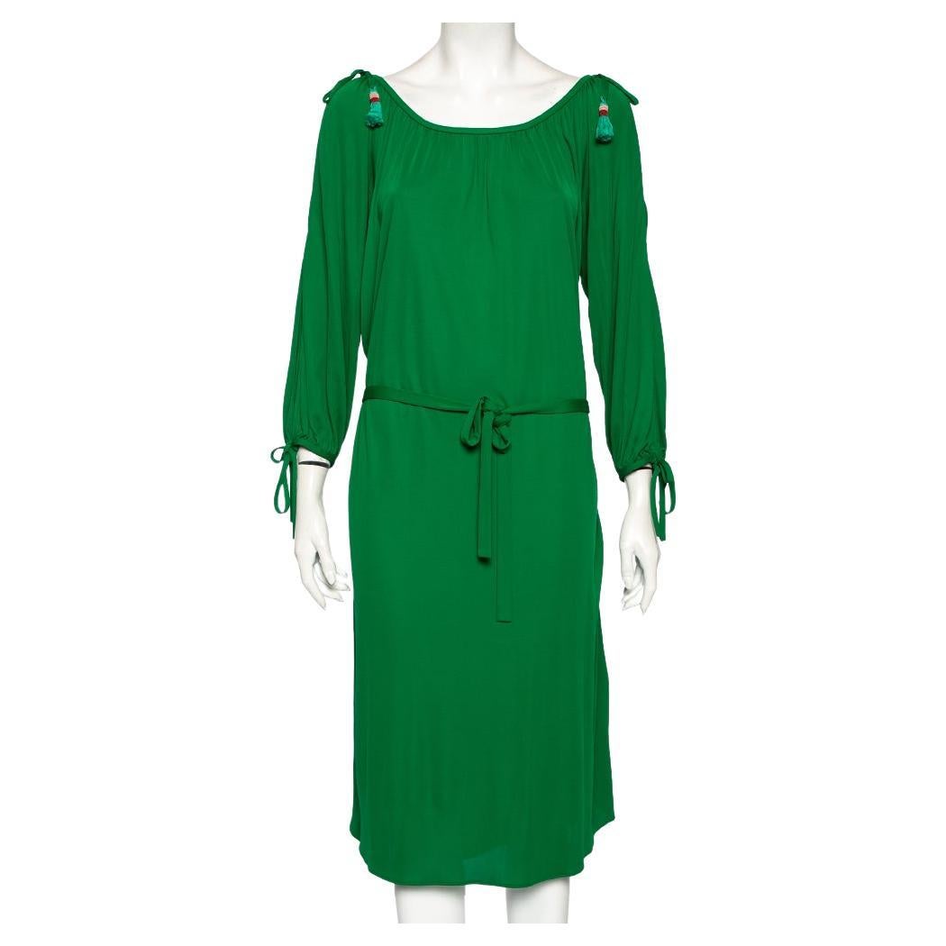 Roberto Cavalli Green Jersey Cold Shoulder Tassel Tie Detailed Belted Dress M For Sale