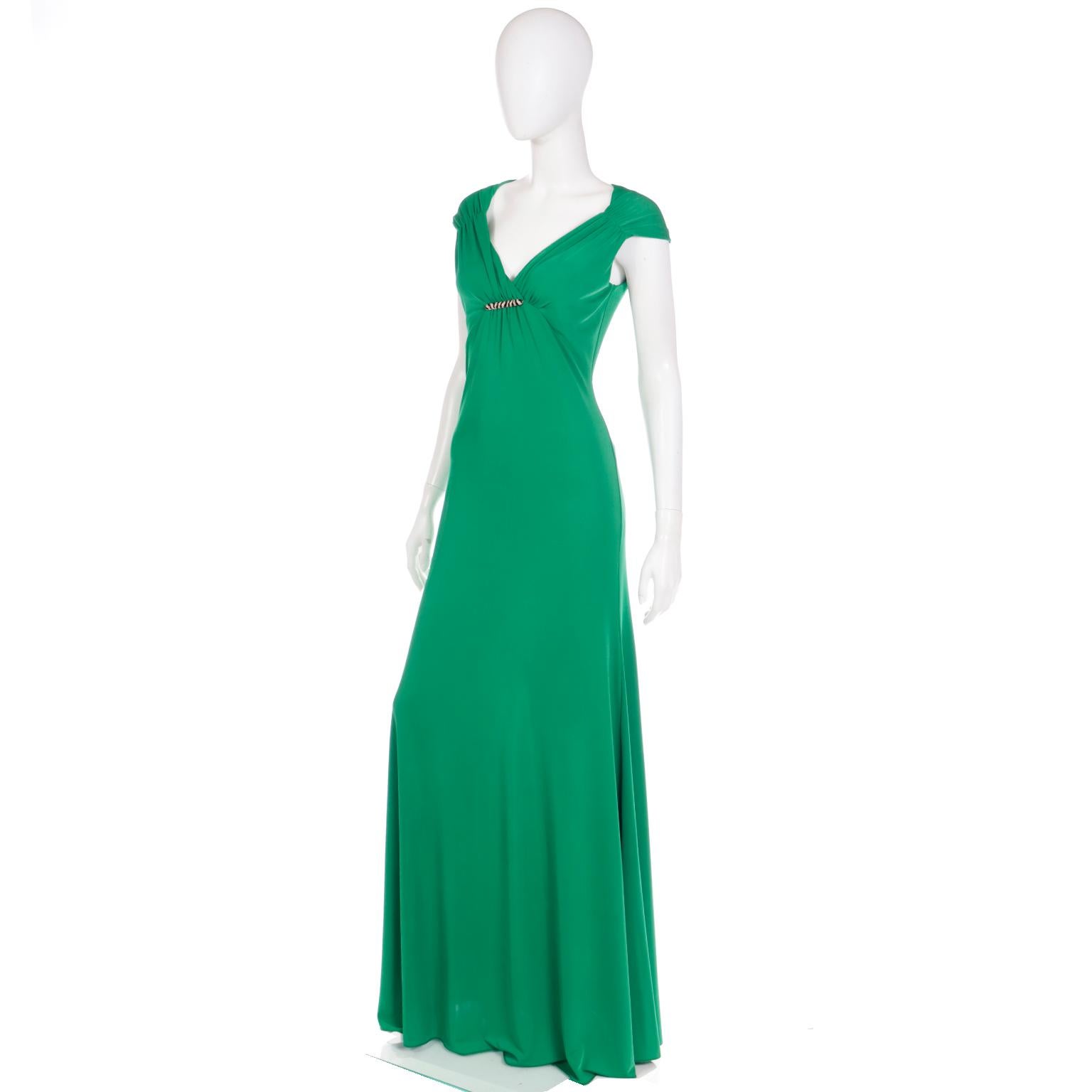 Roberto Cavalli Green Jersey Low V Neck Full Length Evening Dress W Open Back In Excellent Condition For Sale In Portland, OR
