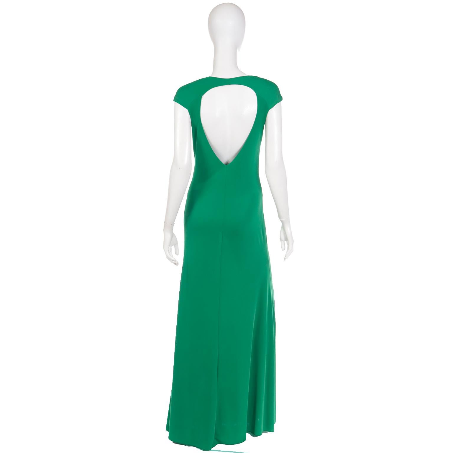 Women's Roberto Cavalli Green Jersey Low V Neck Full Length Evening Dress W Open Back For Sale