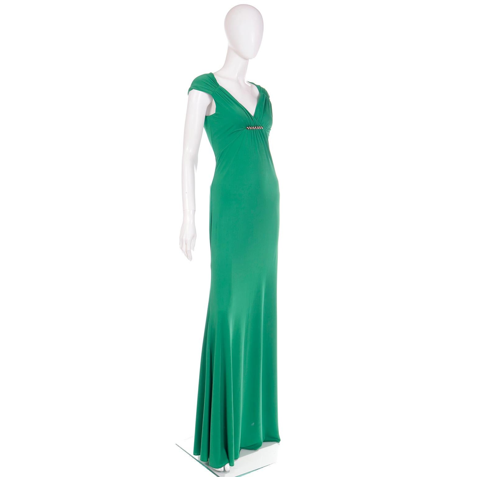 Roberto Cavalli Green Jersey Low V Neck Full Length Evening Dress W Open Back For Sale 1