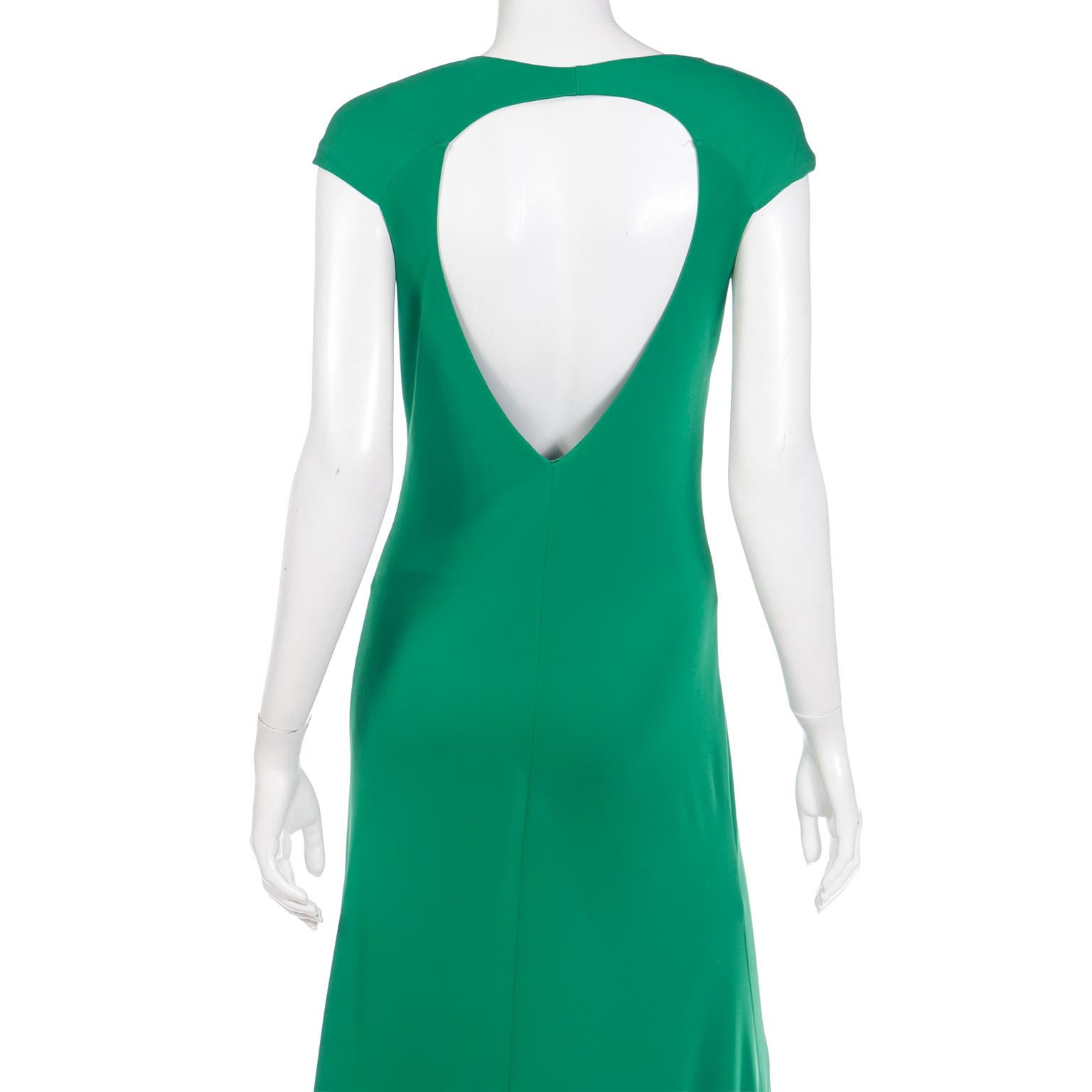 Roberto Cavalli Green Jersey Low V Neck Full Length Evening Dress W Open Back For Sale 4