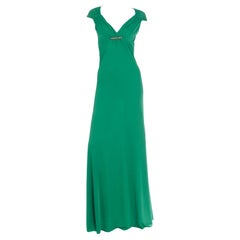 Vintage Roberto Cavalli Green Jersey Low V Neck Full Length Evening Dress W Open Back