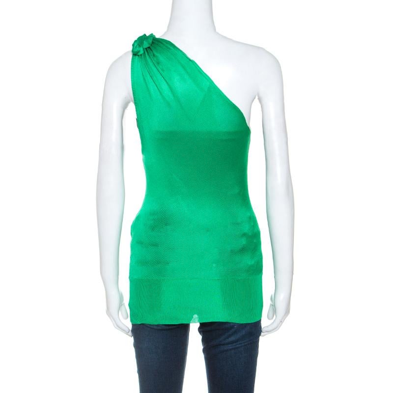 Roberto Cavalli Grünes One Shoulder-Top aus Strick mit Brosche-Detail S im Zustand „Gut“ in Dubai, Al Qouz 2