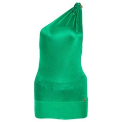 Roberto Cavalli Grünes One Shoulder-Top aus Strick mit Brosche-Detail S