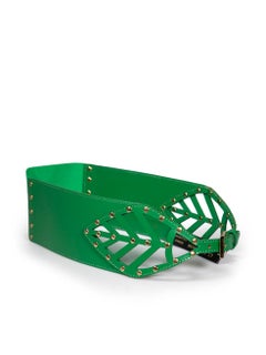 Roberto Cavalli Green Leather Studded Leaf Wide Belt