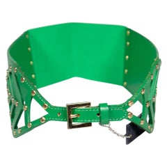 Roberto Cavalli Cintura larga in pelle verde con foglie borchiate