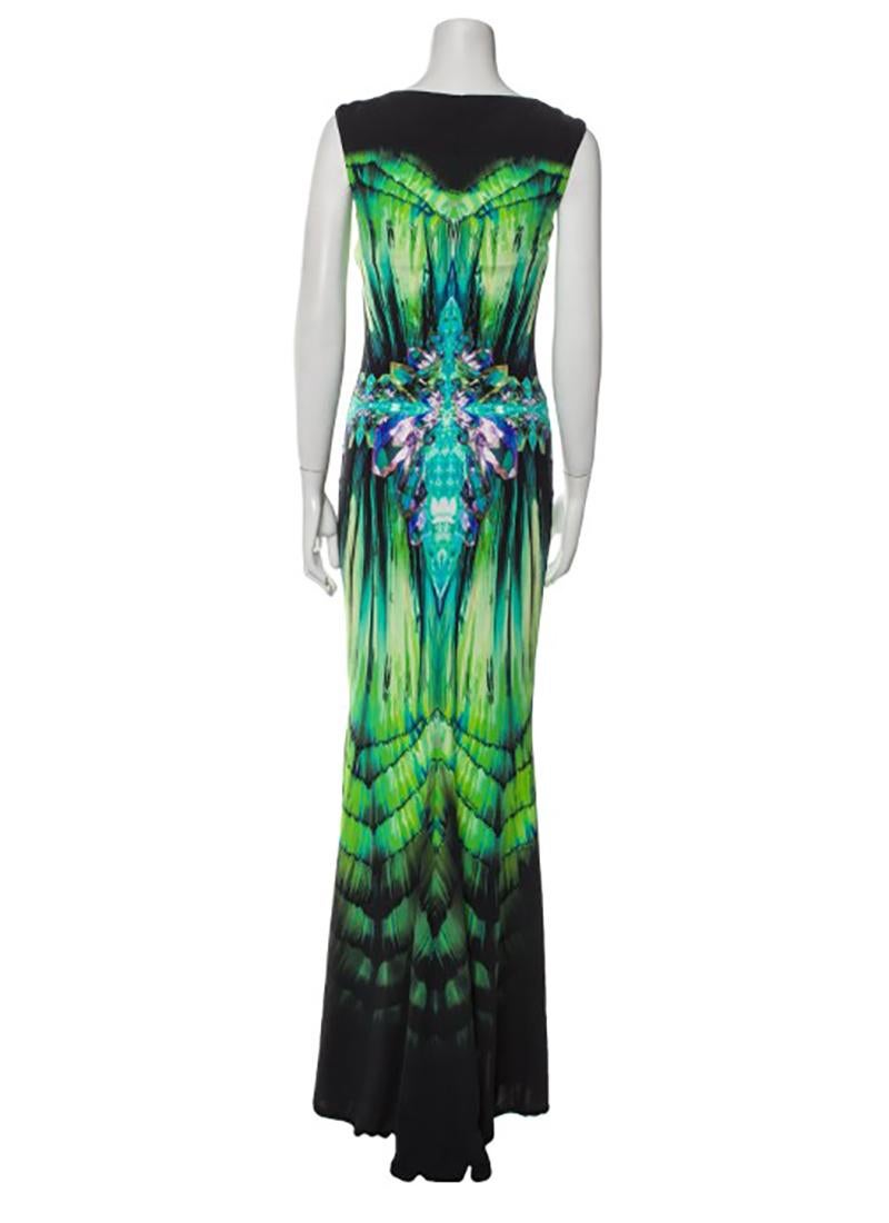 ROBERTO CAVALLI GREEN LONG PRINTED DRESS Sz 40 In Excellent Condition In Montgomery, TX