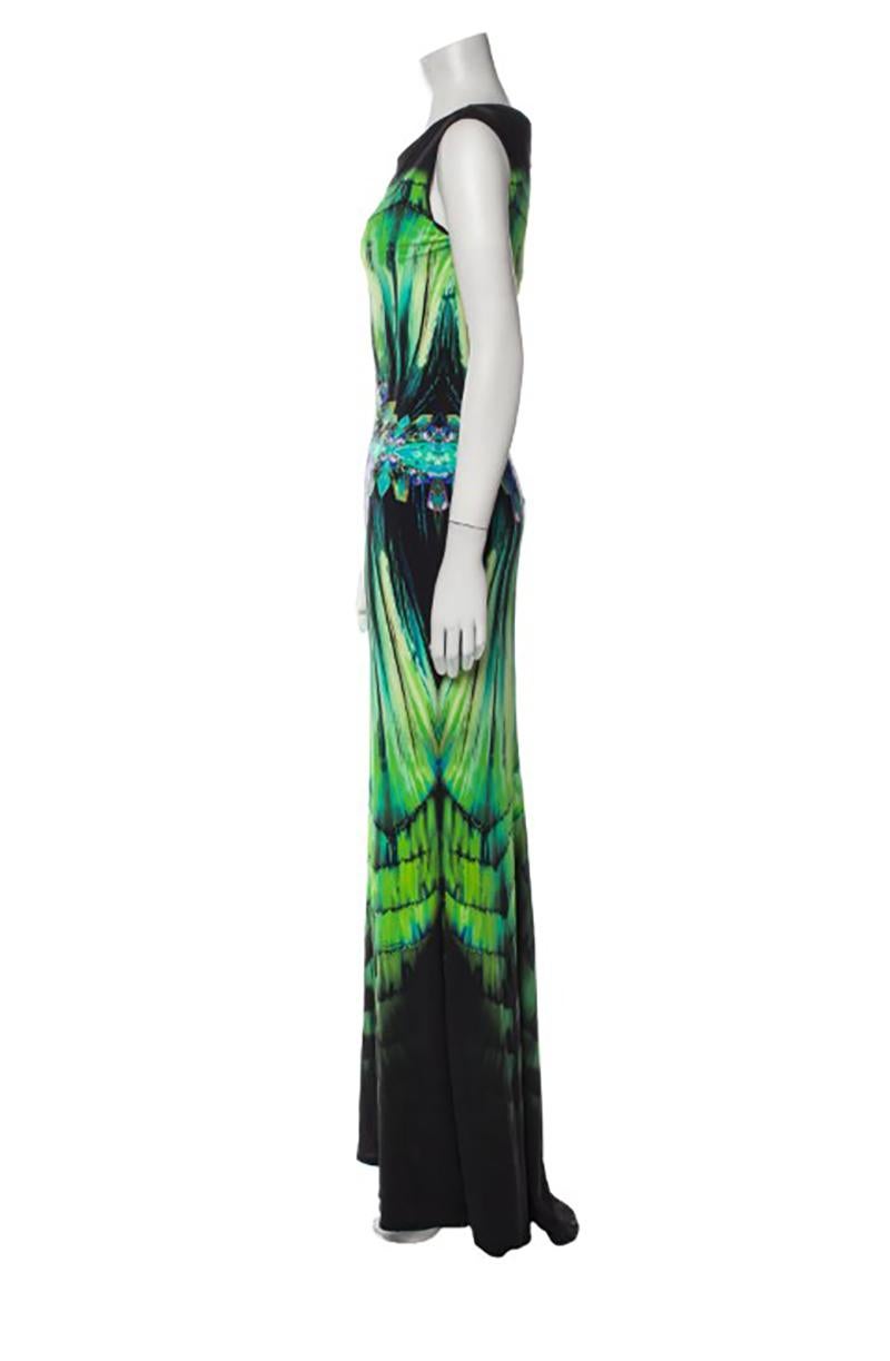 Women's ROBERTO CAVALLI GREEN LONG PRINTED DRESS Sz 40