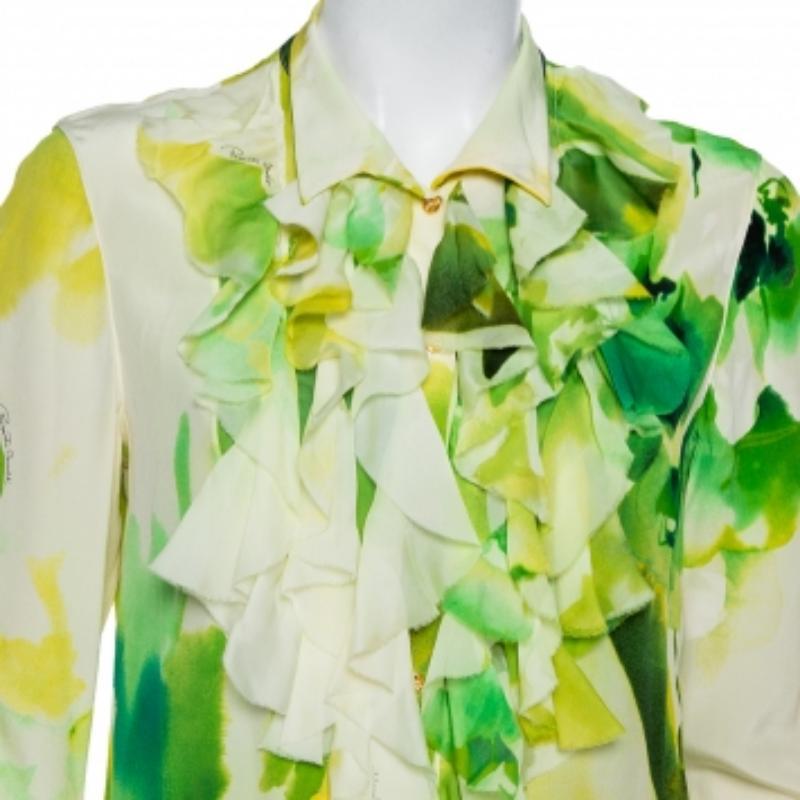 Roberto Cavalli Green Printed Silk Ruffled Detail Button Front Shirt M For Sale 1