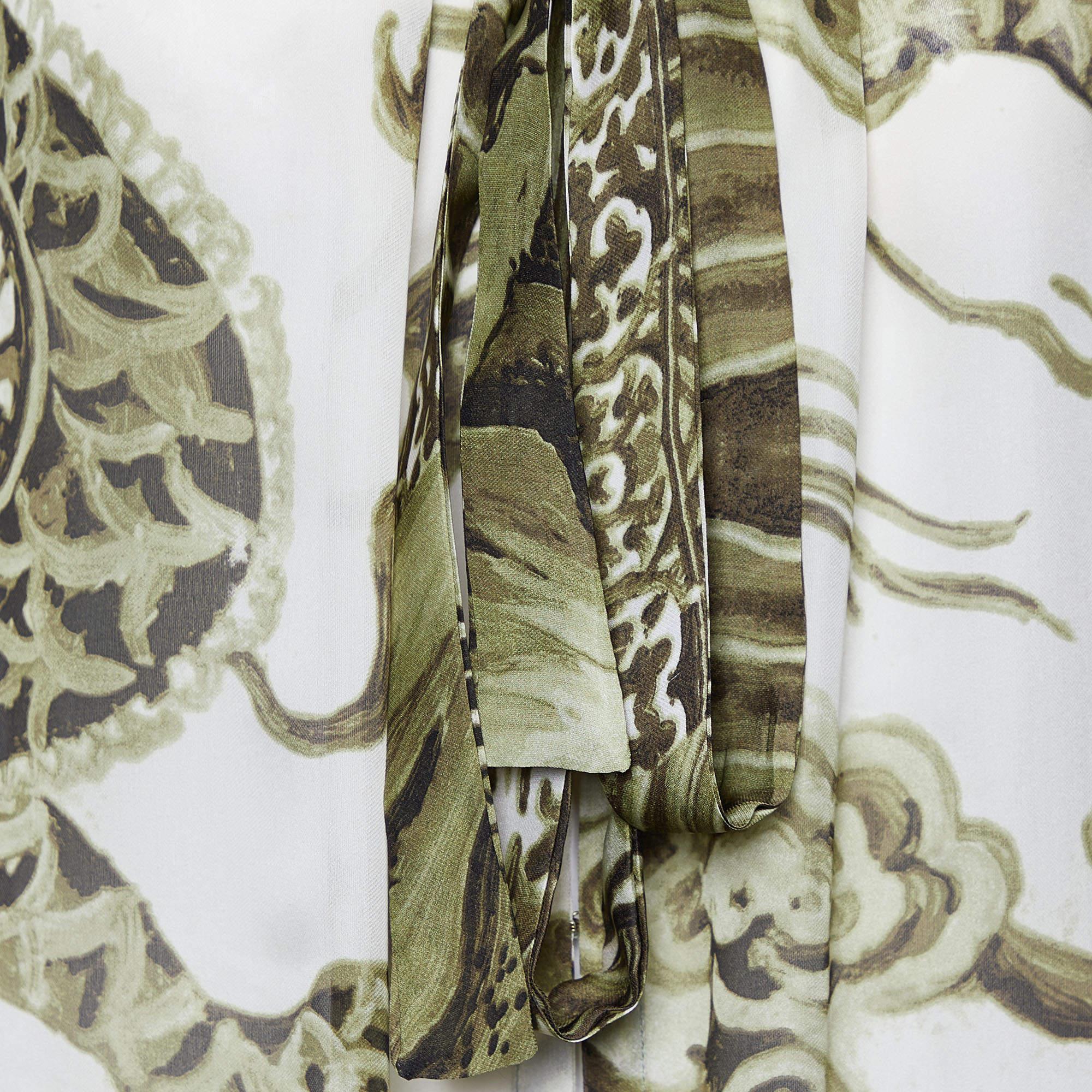 Brown Roberto Cavalli Green Printed Silk Tie Detail Top M For Sale