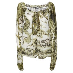 Roberto Cavalli Green Printed Silk Tie Detail Top M