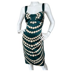 Roberto Cavalli Green Silk Trompe l'oeil "Pearl Necklace" Silk Cocktail Dress 