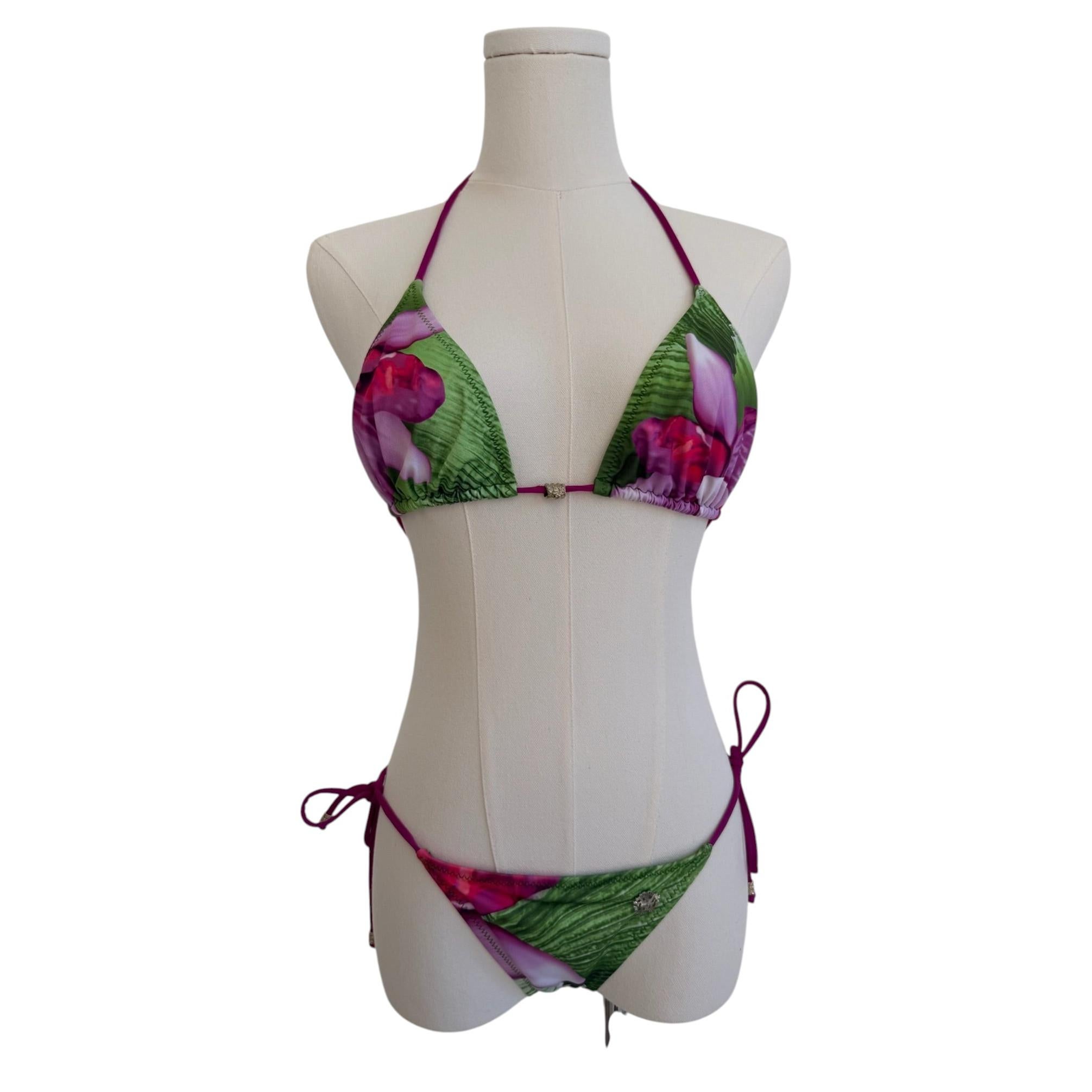 Roberto Cavalli Green & Violet Orchid-Print String Bikini