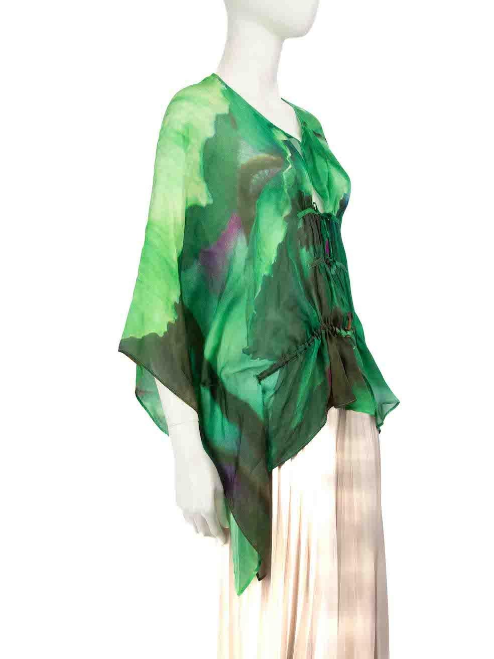 CONDITION is Never worn. No visible wear to top is evident. However, the size label is missing on this new Roberto Cavalli designer resale item.
 
 
 
 Details
 
 
 Green
 
 Silk
 
 Mid sleeves top
 
 Watercolour print
 
 Draped accent
 
 Sheer
 
