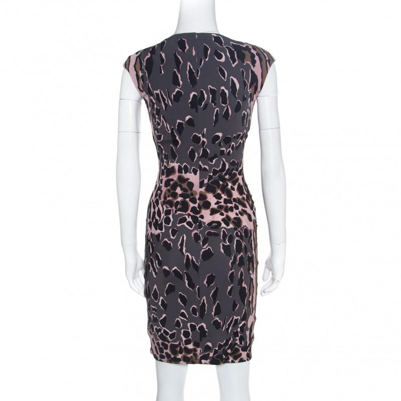 Gray Roberto Cavalli Grey and Pink Ruched Animal Print Dress S