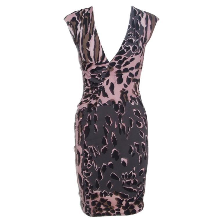 Roberto Cavalli Grey and Pink Ruched Animal Print Dress S