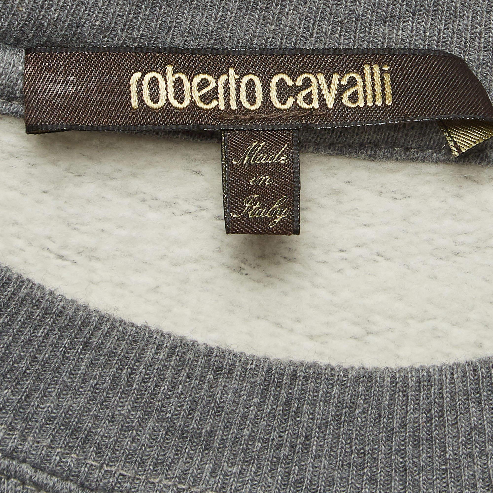 Roberto Cavalli - Sweat-shirt en tricot de coton gris imprimé aigle S Bon état - En vente à Dubai, Al Qouz 2