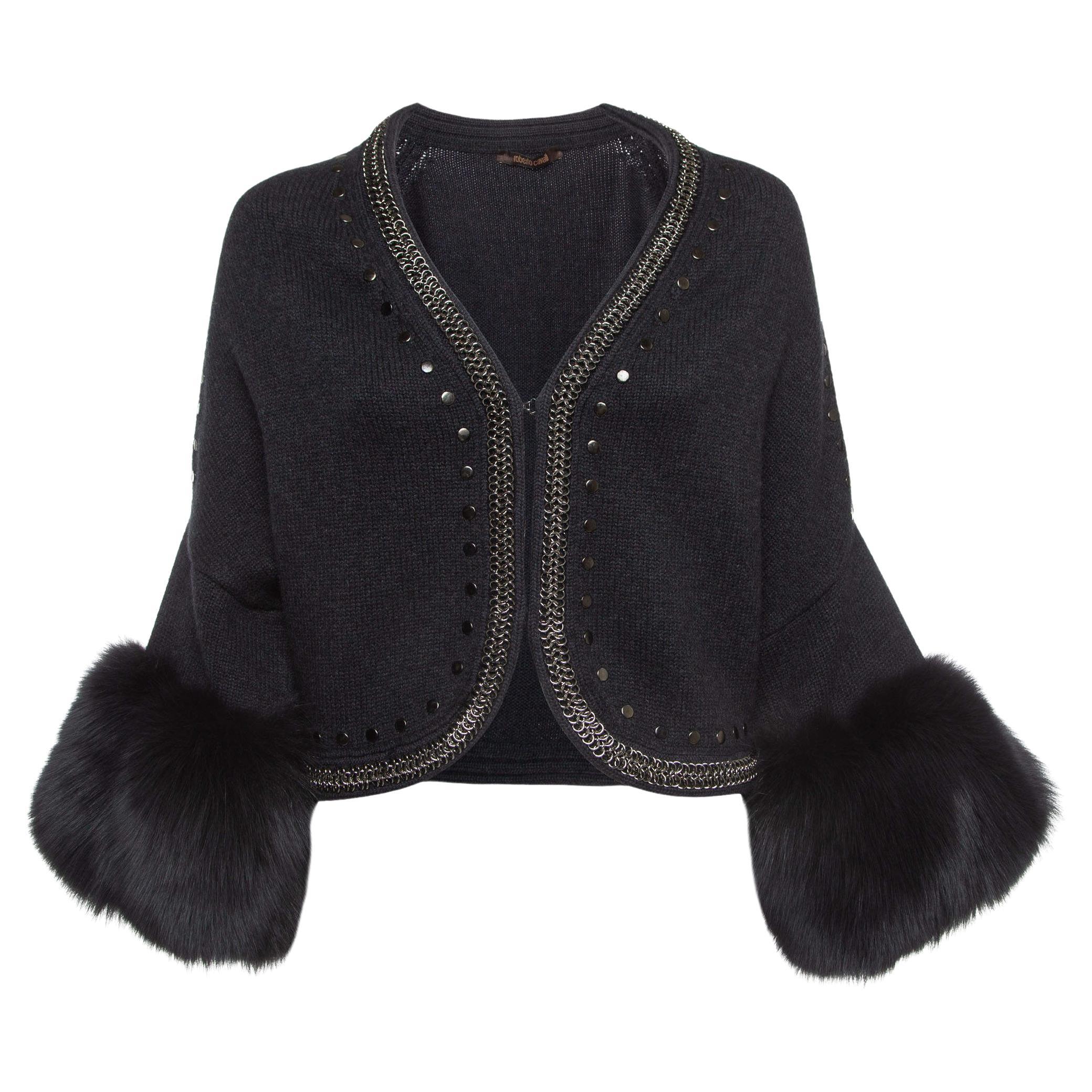 Roberto Cavalli Grey Fox Fur Trimmed Wool Blend Embellished Cardigan S For Sale