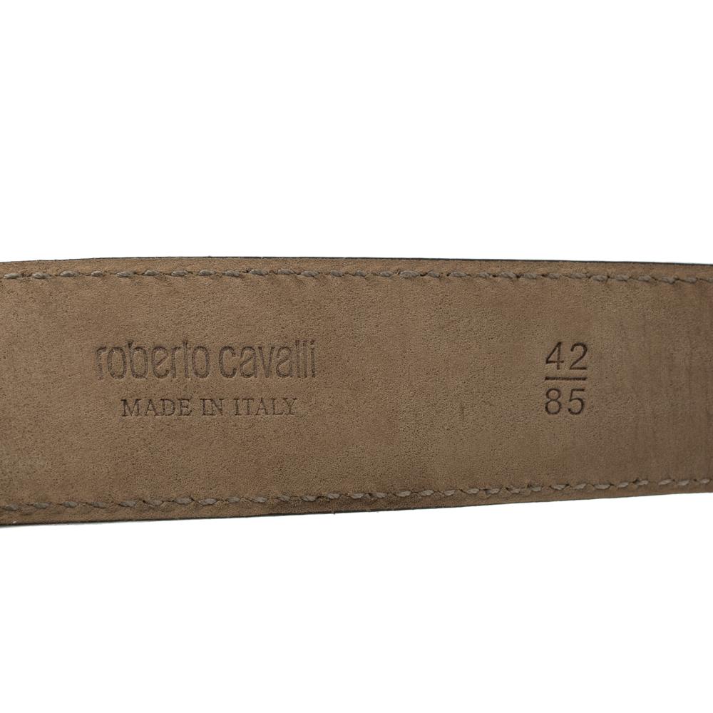 Beige Roberto Cavalli Grey Leather Crystal Embellished Buckle Belt 85cm