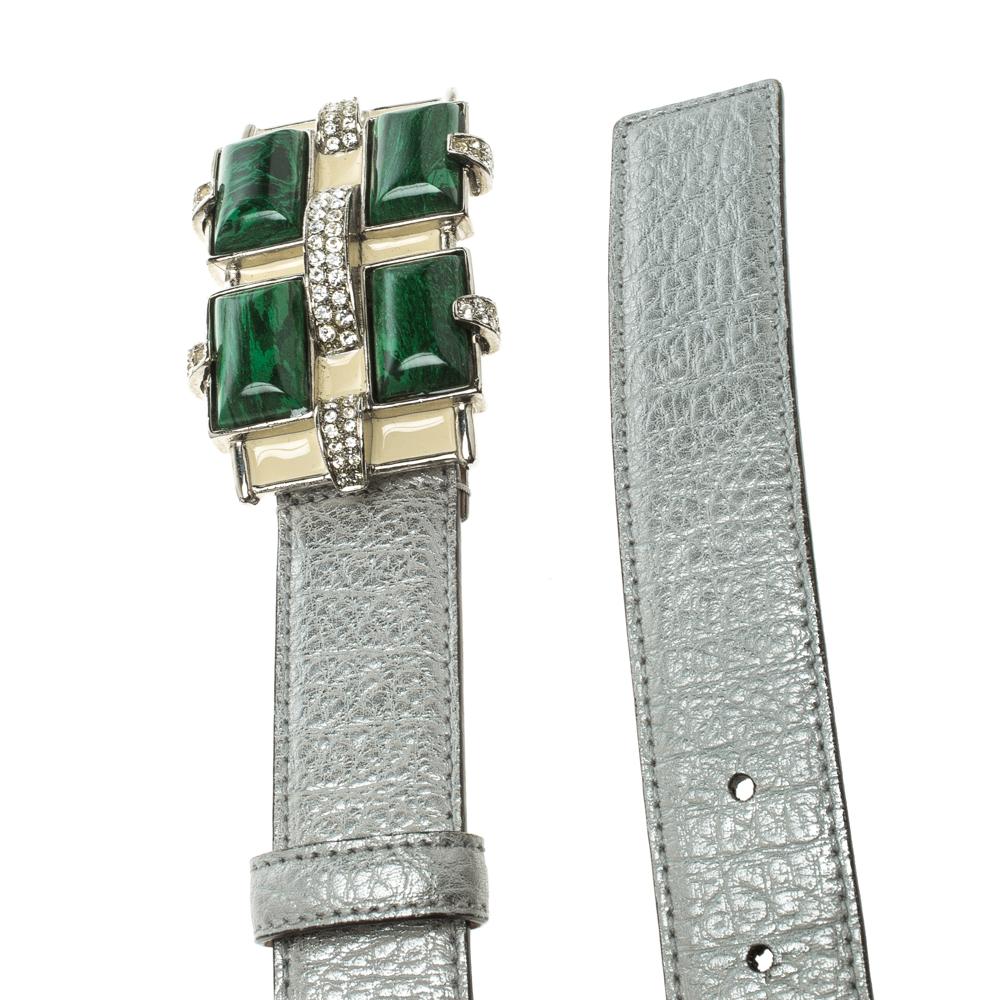 Roberto Cavalli Grey Leather Crystal Embellished Buckle Belt 85cm In Good Condition In Dubai, Al Qouz 2