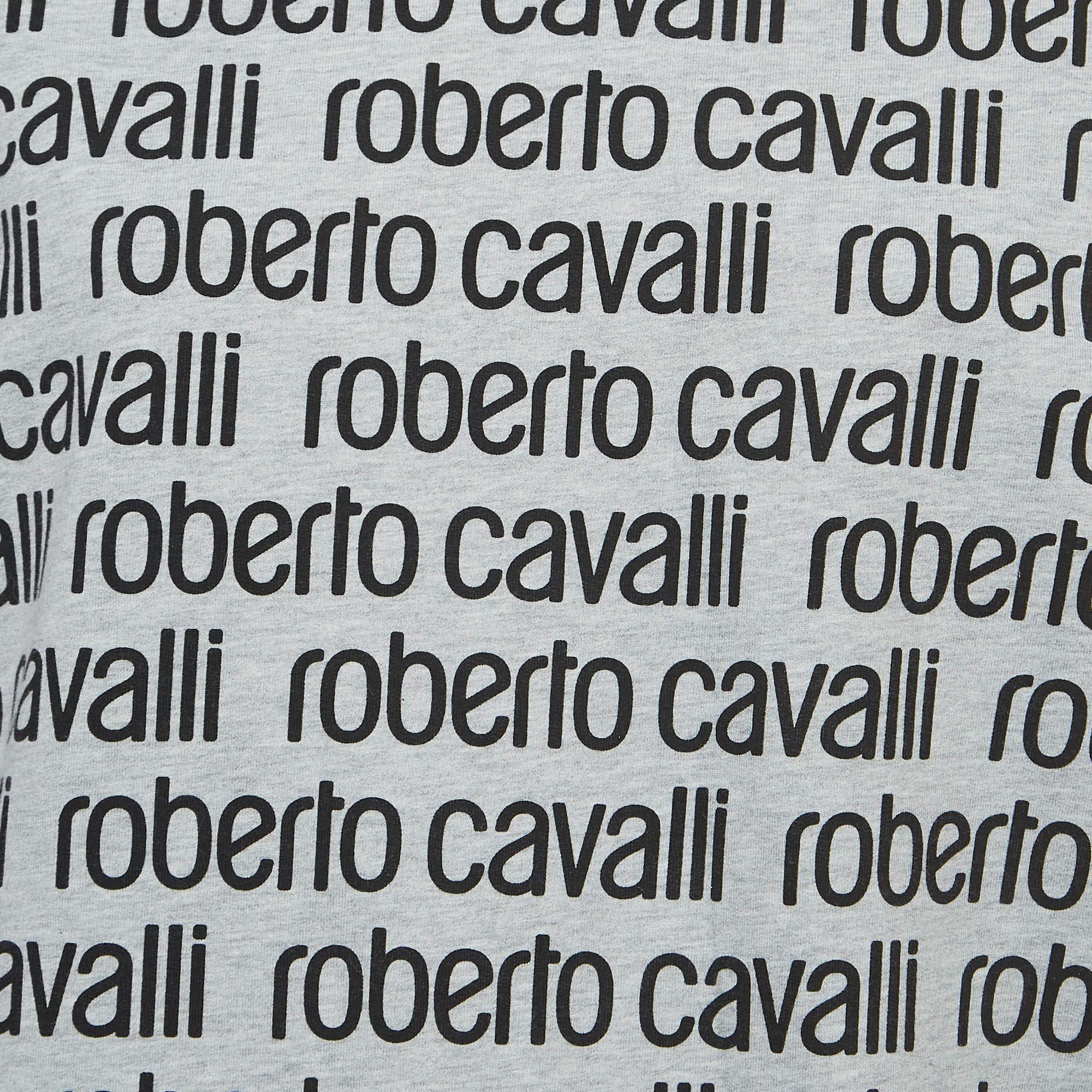 Gray Roberto Cavalli Grey Logo Print Cotton Crew Neck Sweatshirt L For Sale