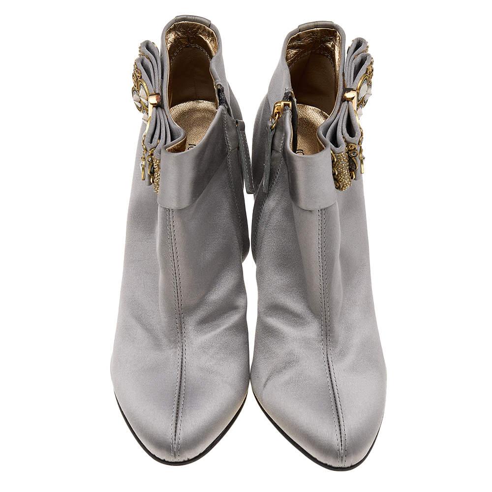 Gray Roberto Cavalli Grey Satin Bow Embellished Ankle Length Boots Size 38 For Sale