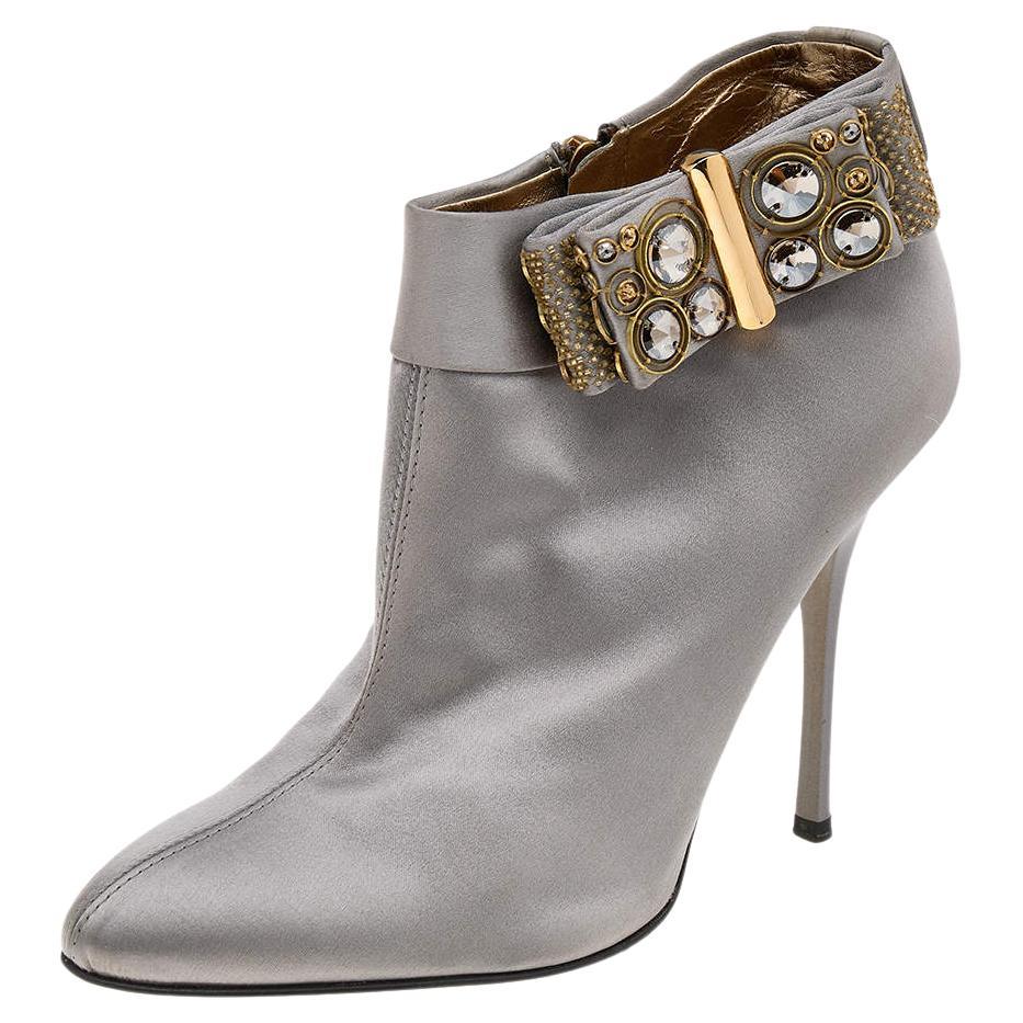 Roberto Cavalli Grey Satin Bow Embellished Ankle Length Boots Size 38 For Sale
