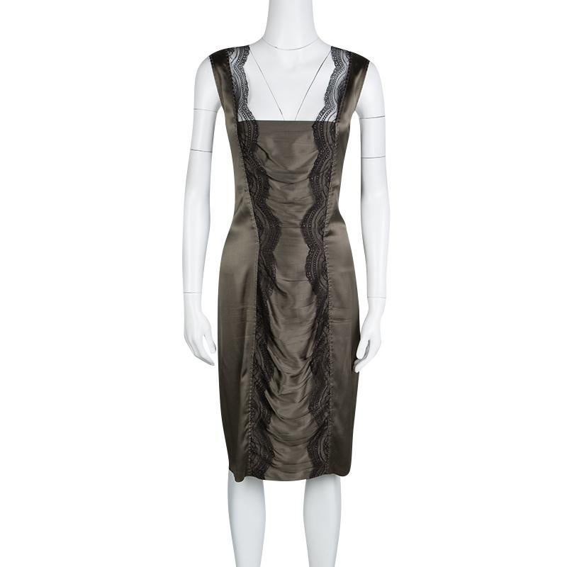 Black Roberto Cavalli Grey Scallop Lace Panel Detail Satin Ruched Sleeveless Dress M