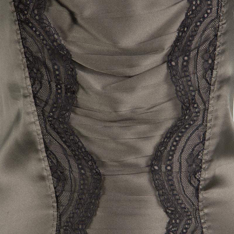Roberto Cavalli Grey Scallop Lace Panel Detail Satin Ruched Sleeveless Dress M 1