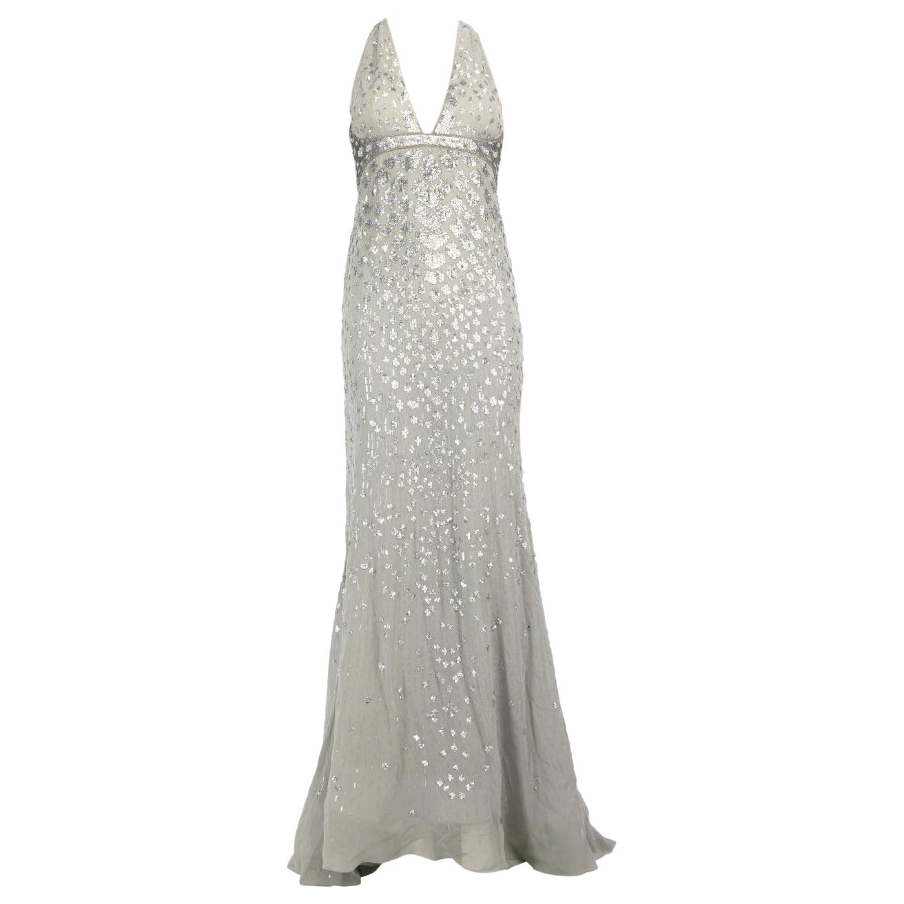 Roberto Cavalli Grey Silk Sequinned Maxi Gown Size M