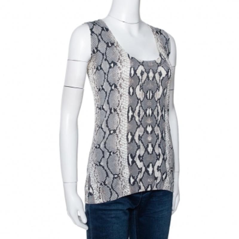 This stylish top from Roberto Cavalli will elevate your everyday style instantly. Crafted from cotton and silk, it comes in grey and has a snake print. This sleeveless top is styled with a scoop neck, broad straps and a fitted silhouette.